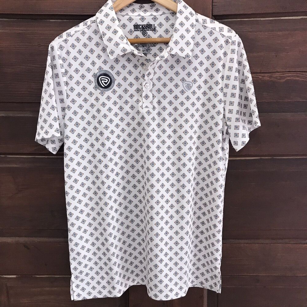 Rock & Roll Denim Short Sleeve Polo Shirt White Aztec Print Size Medium